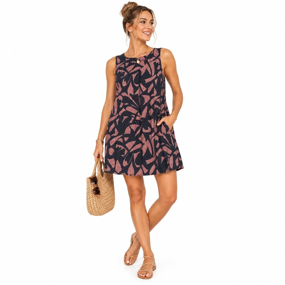 A New Day Womens M Pink Black Abstract Linen Blend Shift Dress Short Sleeve